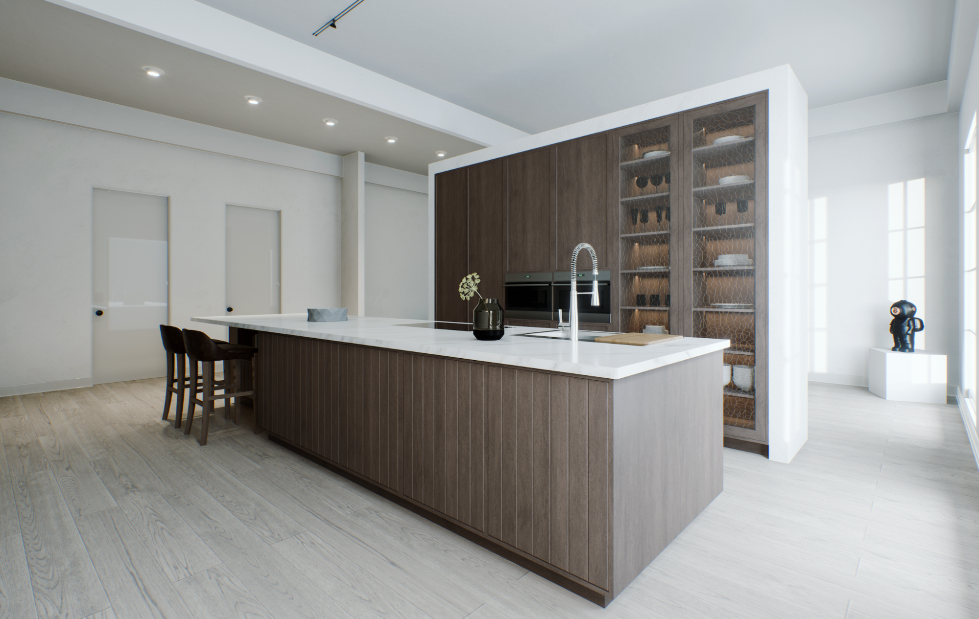 Modern kitchen island paired with light wood-look SPC flooring for a durable indoor floor