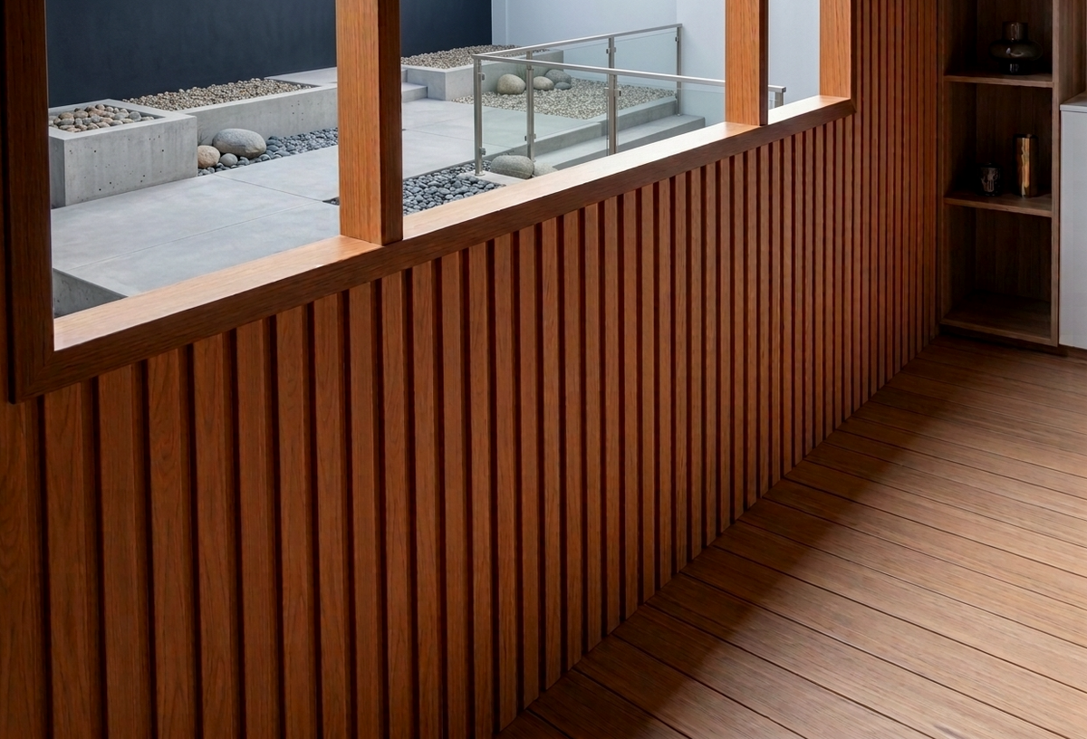 Warm wood-look WPC wall panelling featured next to a window view of a modern concrete courtyard garden